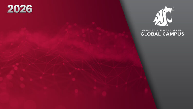 Crimson and gray textured Zoom background with WSU Global Campus logo in the right corner and 2026 in the left corner.