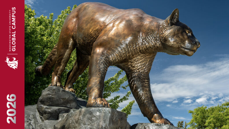 Cougar statue Zoom background with WSU Global Campus logo and 2026 sideways in crimson bar on the lefthand side of the background.