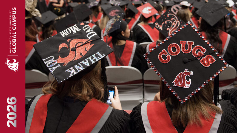WSU graduates in regalia Zoom background with WSU Global Campus logo and 2026 sideways in crimson bar on the lefthand side of the background.
