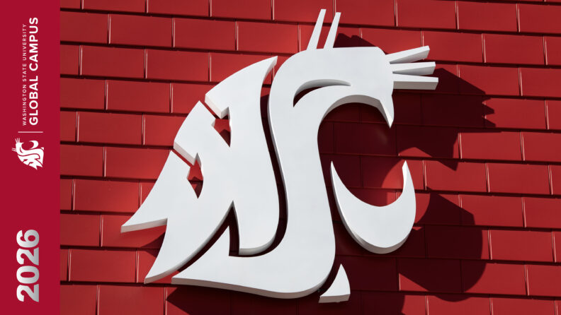 Coug head logo Zoom background with WSU Global Campus logo and 2026 sideways in crimson bar on the lefthand side of the background.