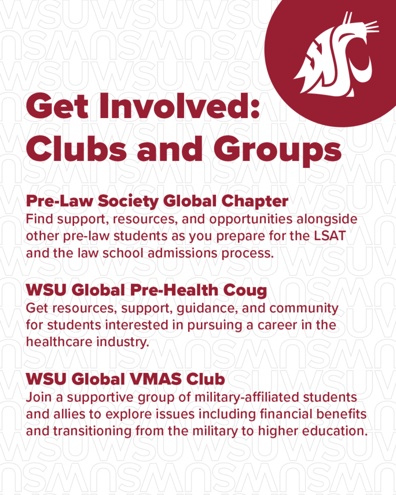 Example social media graphic with white background and WSU Coug head logo in the upper right corner. Large text reads Get Involved: Clubs and Groups and lists three example clubs and descriptions in smaller text.