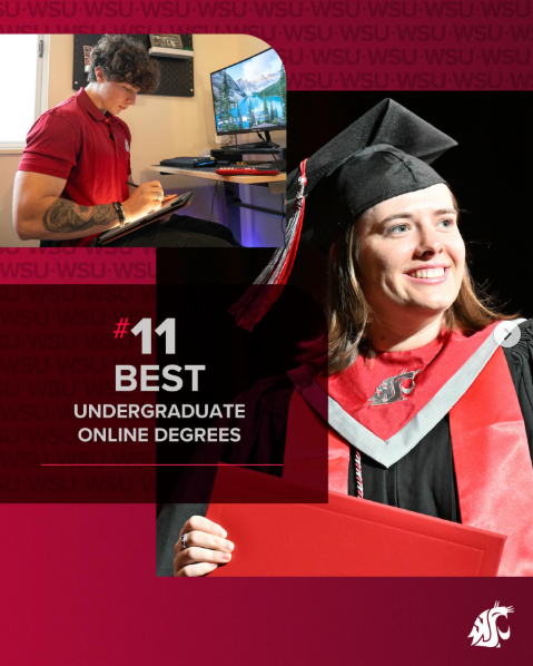 Example social media graphic with red background and photos of a male student at a computer and a female student in graduation regalia. Text reads 11 Best Undergraduate Degrees.