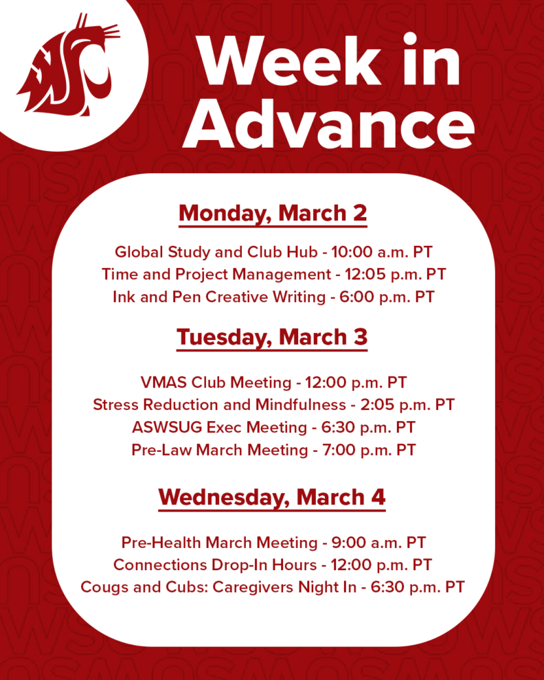 Example social media graphic with red background and WSU Coug head logo in the upper left corner. Large text reads Week in Advance and lists several past example events in smaller text.