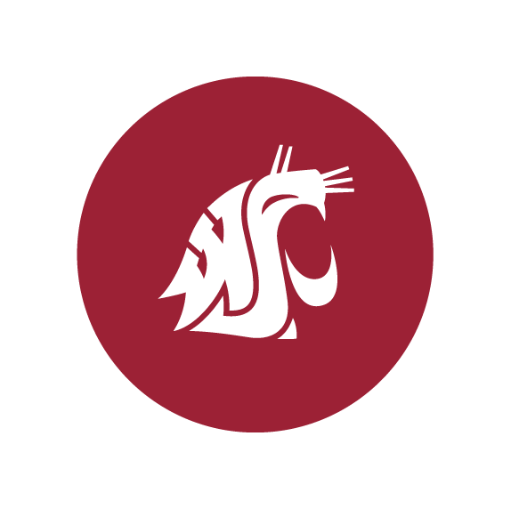 Graphic: WSU Spirit circle - white Cougar head on red background.
