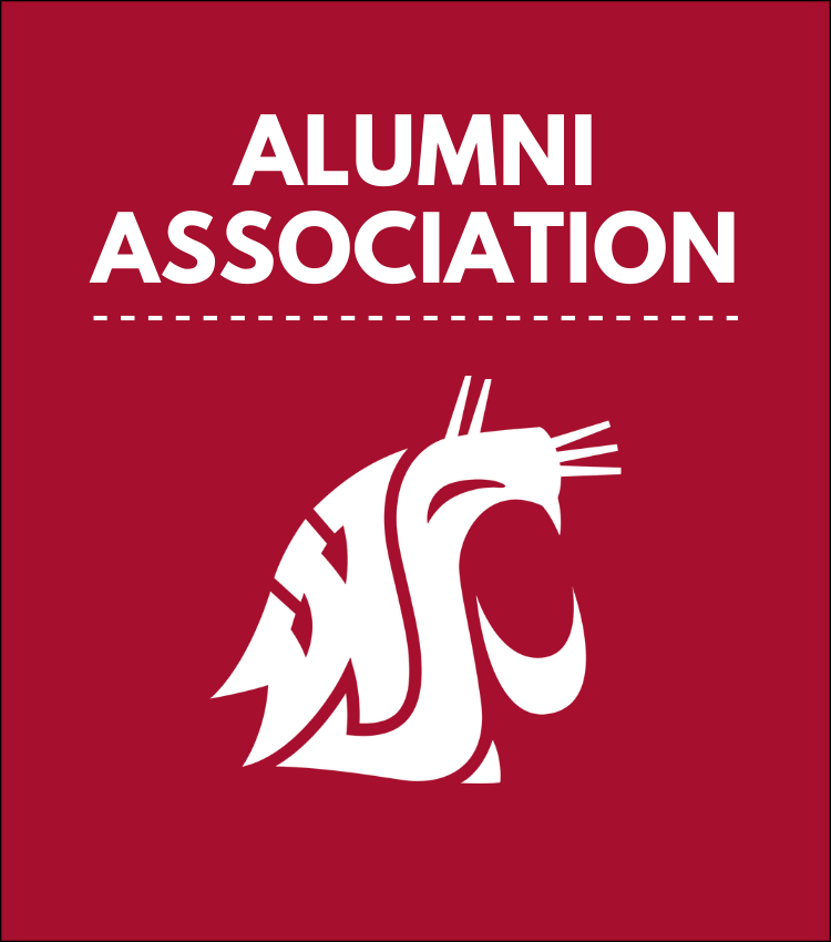White text on a crimson background reads Alumni Association above a dashed white line. Below the line is the white WSU Cougar head logo.