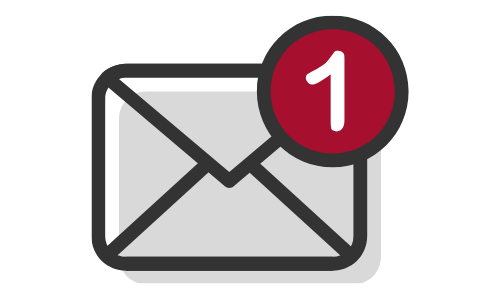 Icon of an envelope with a notification badge showing one new message.