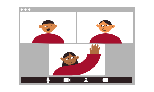 Illustration of three people in a virtual video call, with one person raising their hand.