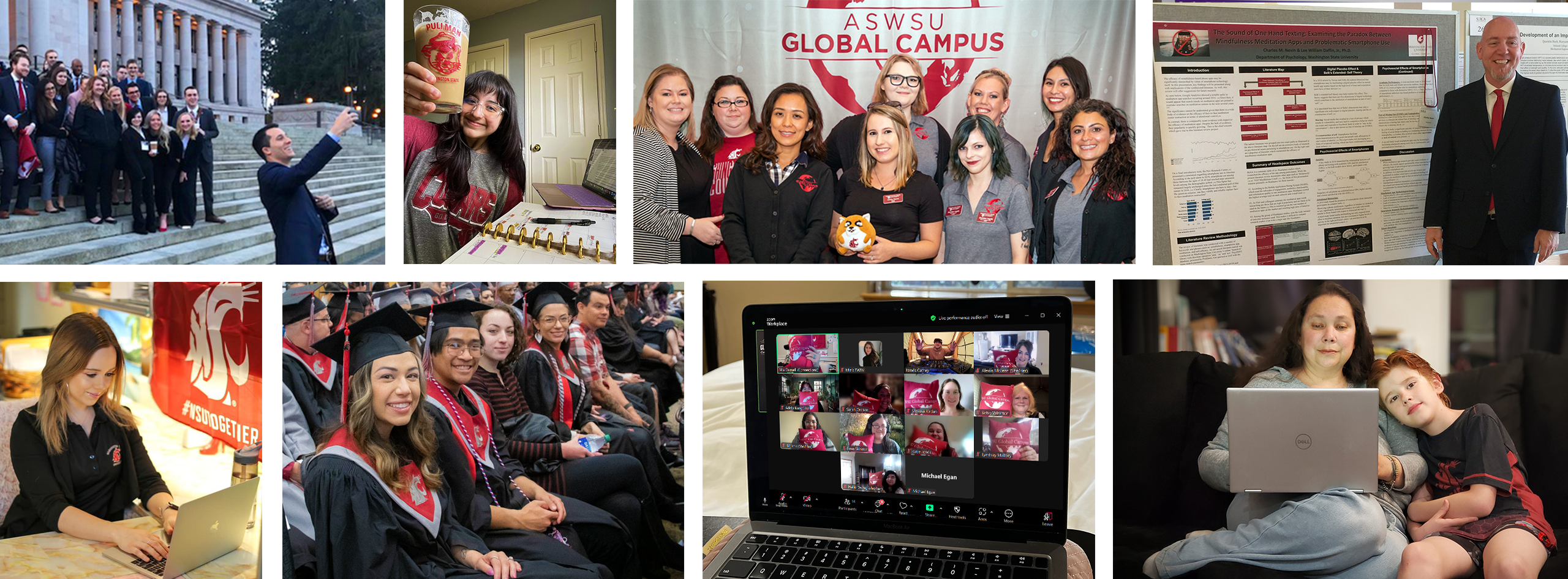 Collage of Global Campus students participating in virtual and in-person student involvement events.