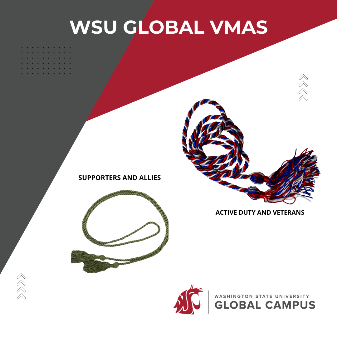 Green graduation cord for supporters and allies and red, white, and blue graduation cord for active duty and veterans