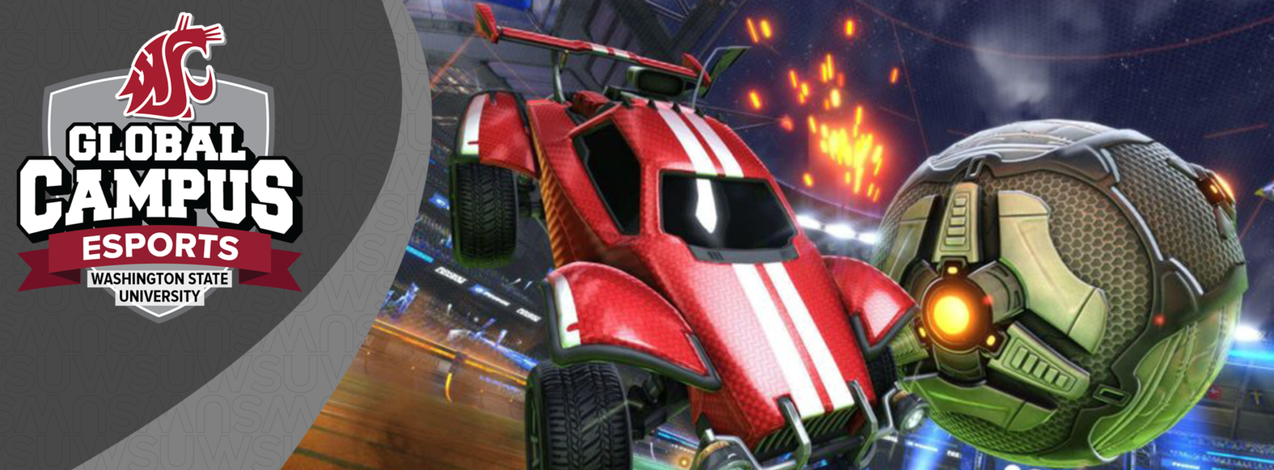 WSU Global Campus Esports logo alongside a Rocket League game graphic featuring a red car and a large futuristic soccer ball in an arena.