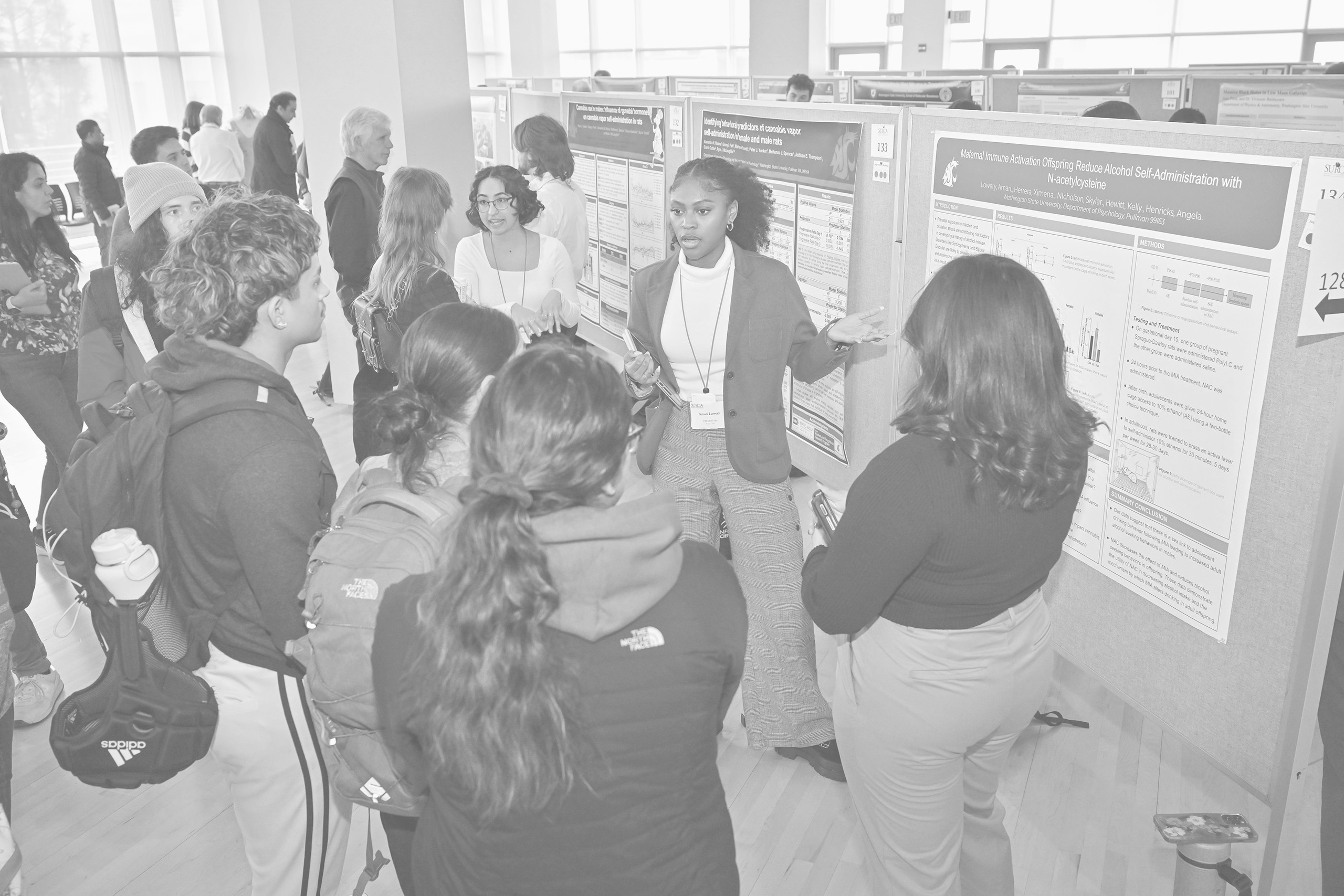 A WSU student presents her research poster to a group of peers during the Showcase for Undergraduate Research and Creative Activities (SURCA). She gestures while explaining her project, as several students stand in front of her display and listen attentively.