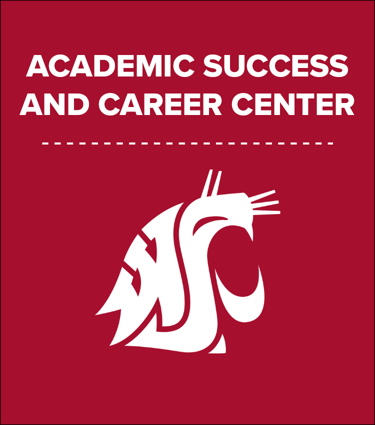White text on a crimson background reads Academic Success and Career Center above a dashed white line. Below the line is the white WSU Cougar head logo.