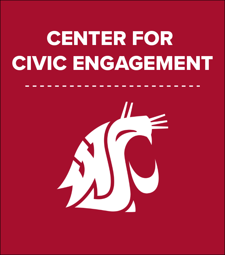 White text on a crimson background reads Center for Civic Engagement above a dashed white line. Below the line is the white WSU Cougar head logo.