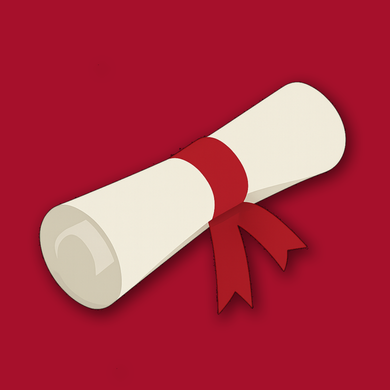 Graphic of diploma scroll with crimson ribbon on crimson background