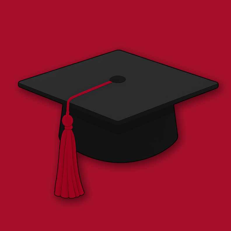 Graphic of graduation cap with crimson tassel on crimson Background