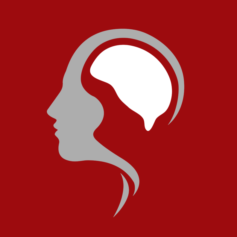 Stylized graphic of a human head in profile, facing left. The head is gray with a white brain shape outlined inside, set against a crimson red background.