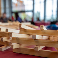 Untold Stories Event art easels stacked and ready to use