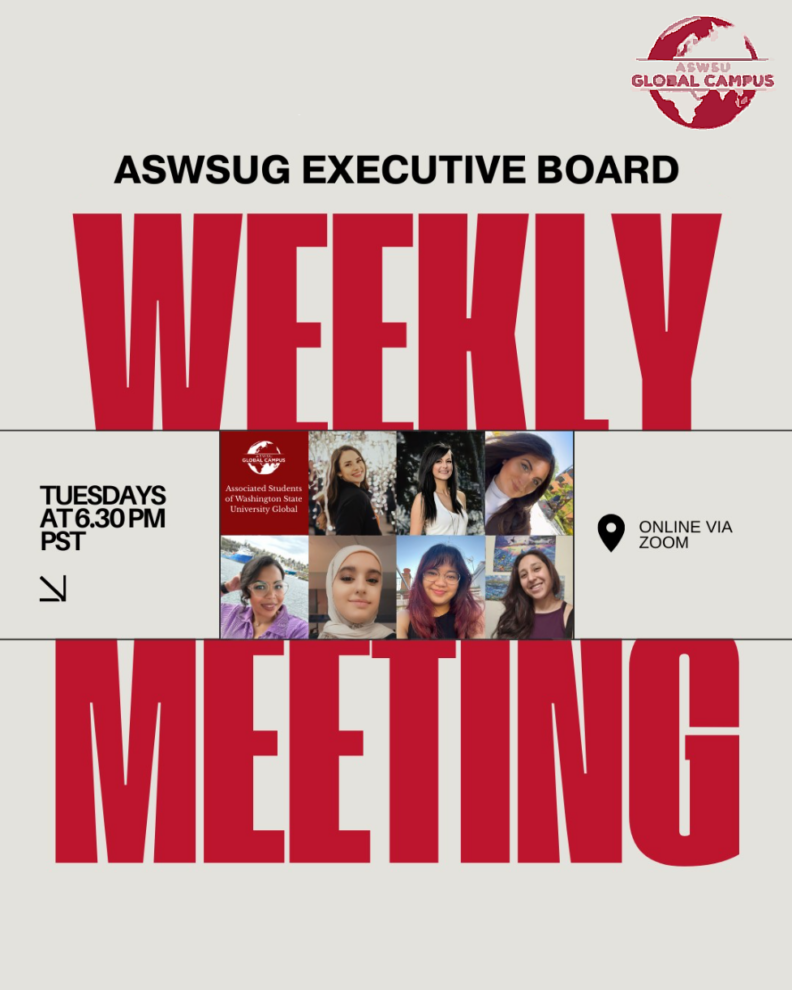 Example social media graphic with gray background reading ASWSUG Executive Board Weekly Meeting. ASWSUG logo in upper right corner. 