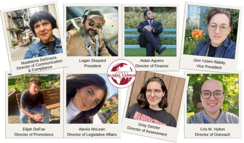 Collage introducing eight ASWSUG Global Campus student leaders, featuring individual photos of Madeleine DeGracia, Logan Shepard, Aidan Aguero, Omi Yóòmi Ifáàlày, Elijah DeFoe, Alexis McLean, Gray Detzler, and Cris M. Hylton, with their leadership titles displayed beneath each photo.