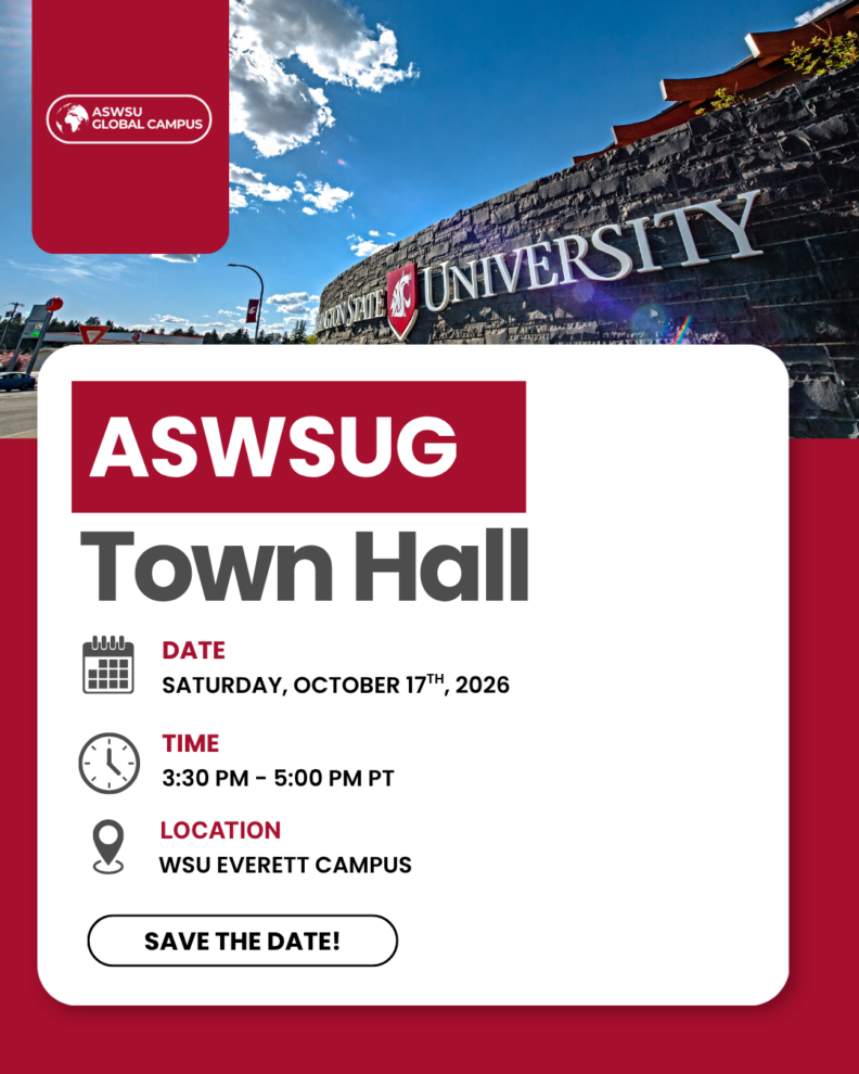 Graphic promoting the ASWSUG Town Hall at WSU Everett Campus on Saturday, October 17, 2026, from 3:30–5 p.m. PT.
