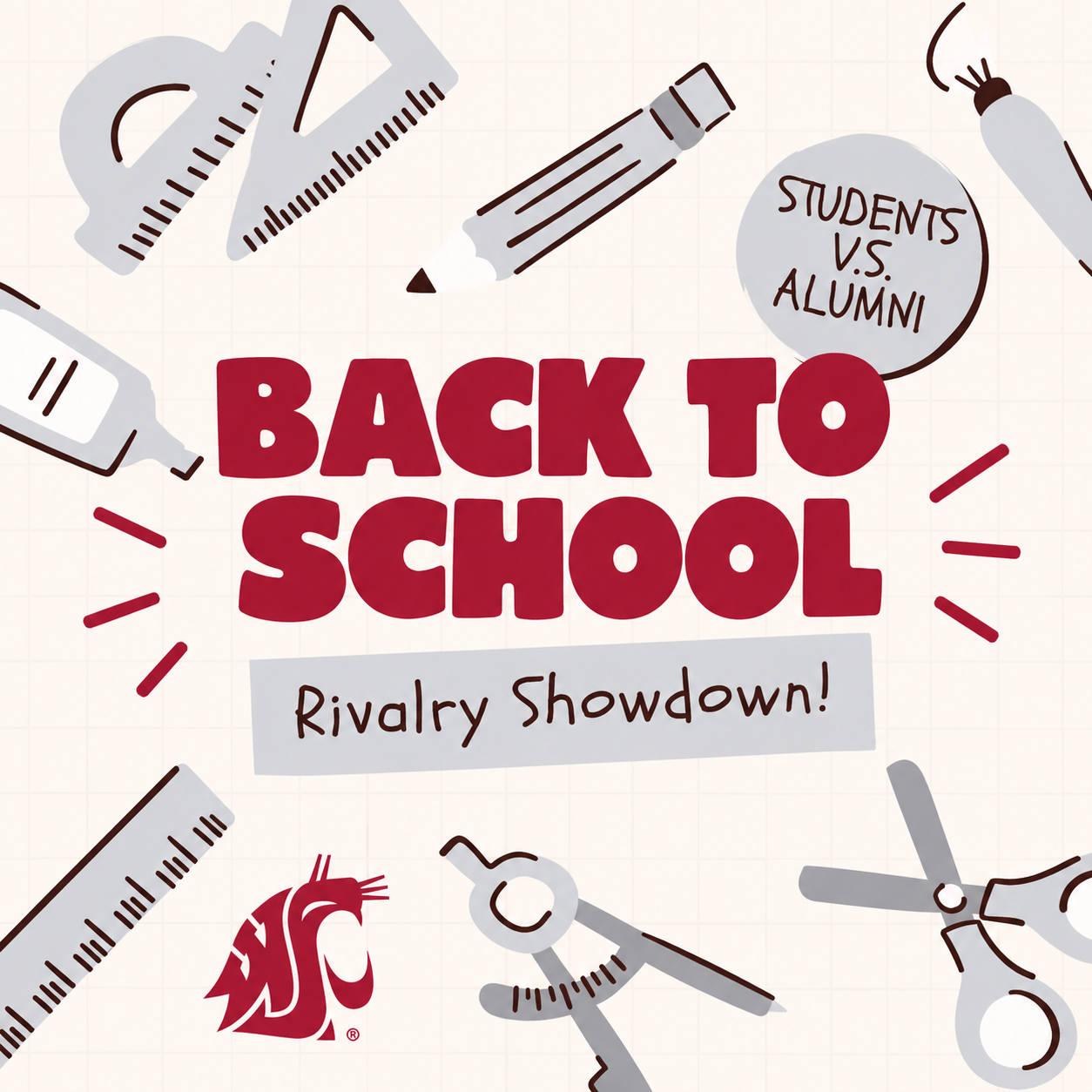 Illustrated back-to-school event graphic featuring school supplies and a WSU Cougar logo surrounding the text “Back to School – Rivalry Showdown!”