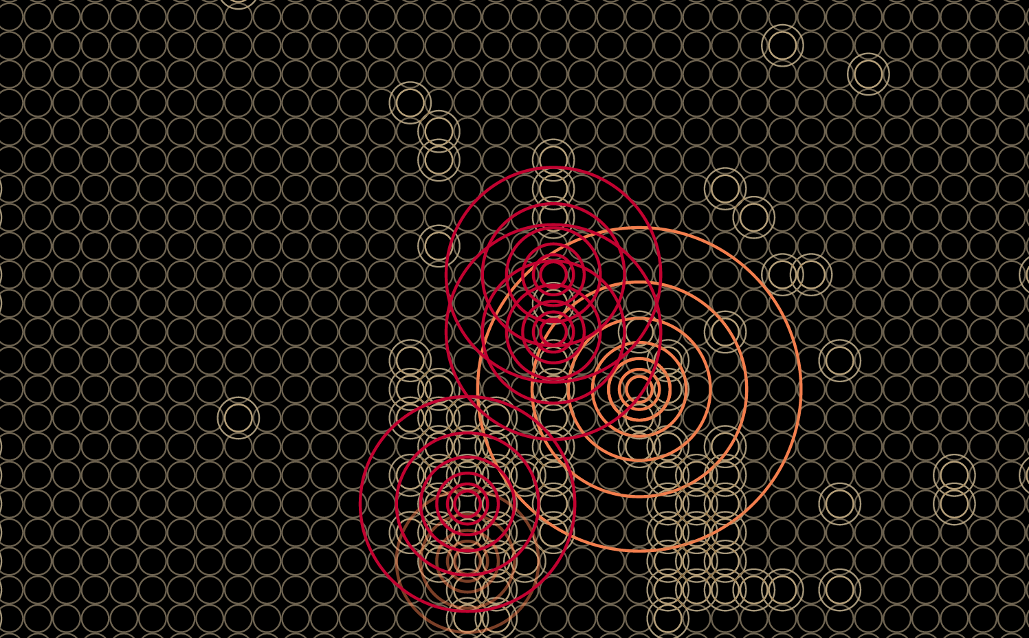 A pattern of circles on a dark background. Larger circles emerge in the foreground with red and orange coloring.