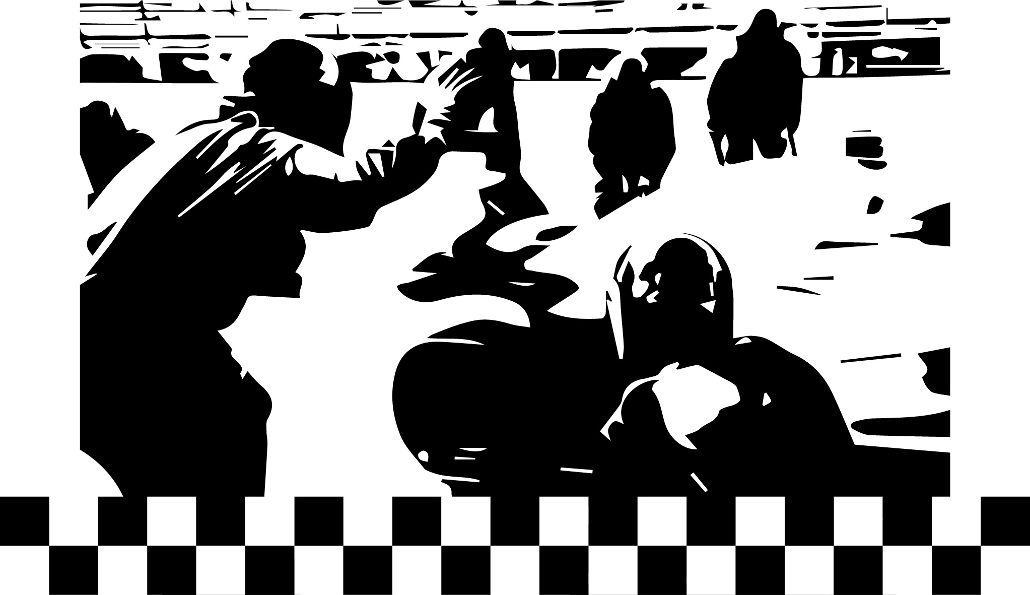 Black and white silhouettes of a racing crew during a pit stop.