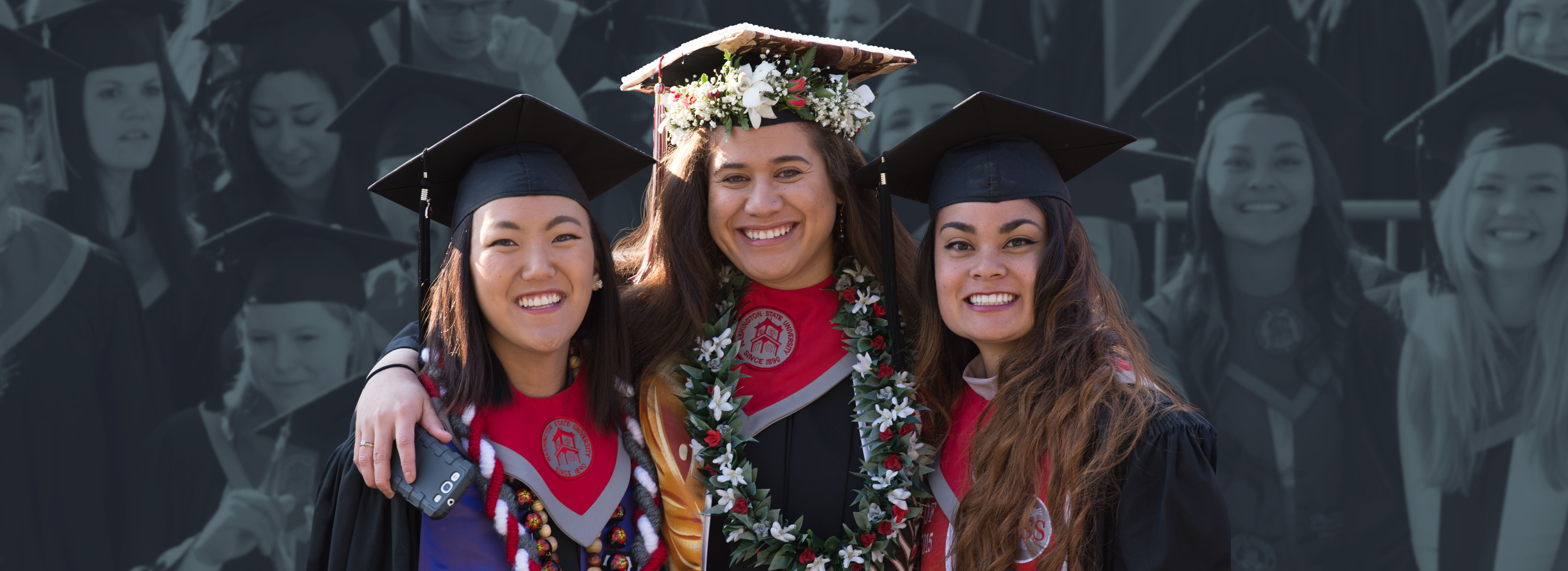 Three smiling graduates in caps and gowns pose together, wearing Washington State University stoles and flower leis, with a faded background of other graduates.