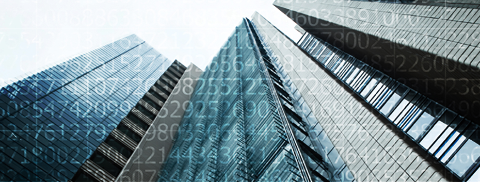 Upward view of modern glass and concrete skyscrapers with an overlay of translucent numerical data, symbolizing accounting.