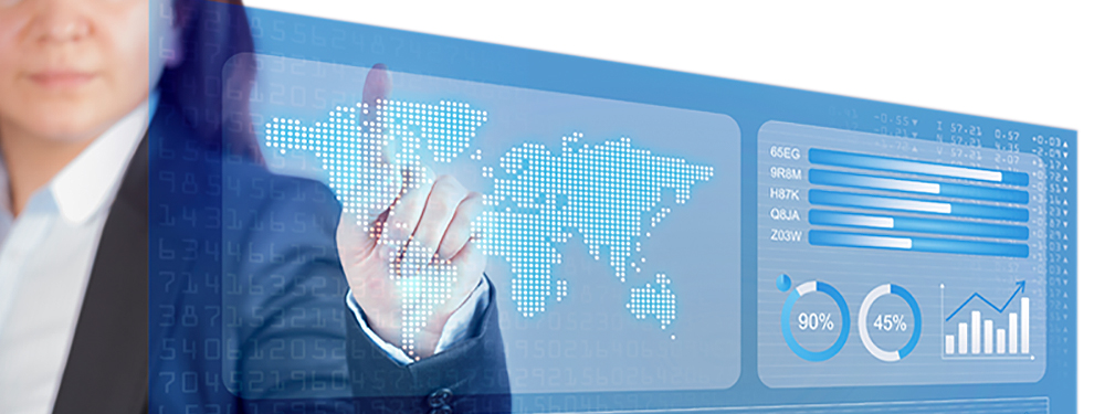 Businessperson interacting with a digital interface displaying a world map, data charts, and performance metrics, representing global economics and data visualization.
