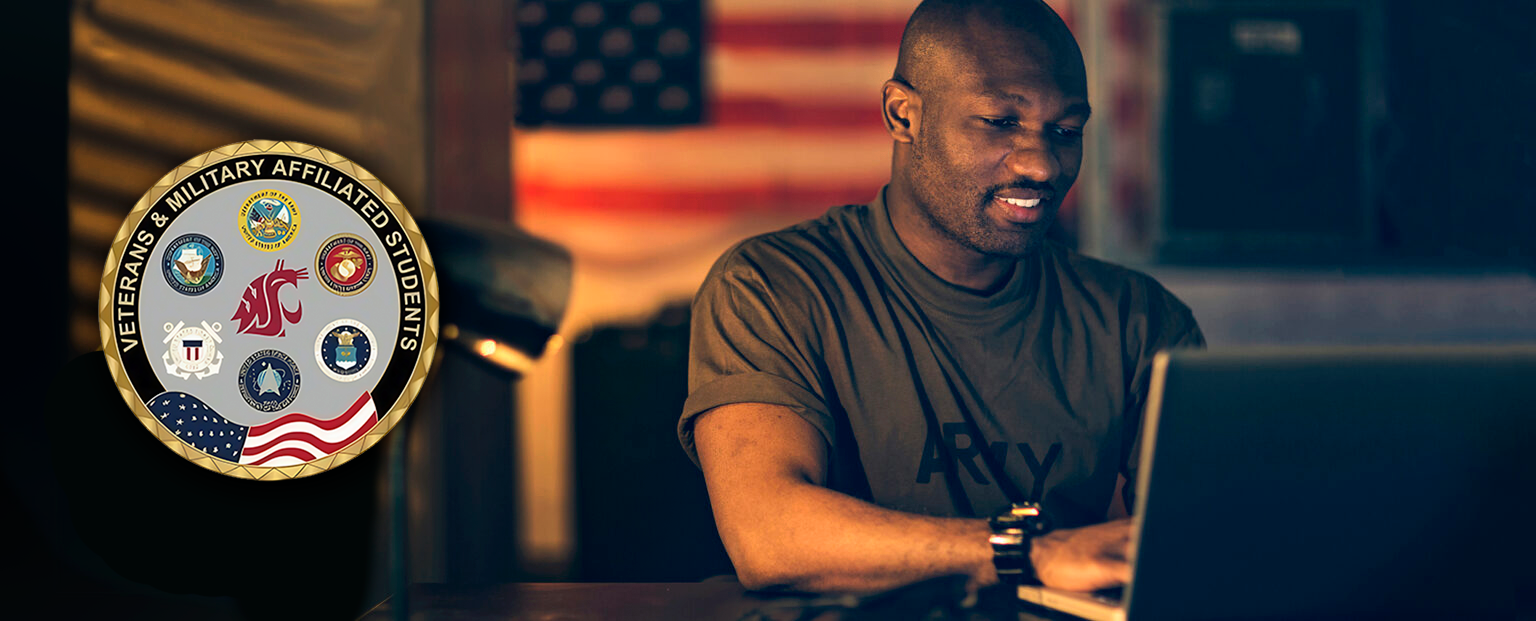 Person in an Army T-shirt using a laptop, with an American flag in the background and a circular badge reading "Veterans & Military Affiliated Students" featuring military branch logos and the WSU logo.