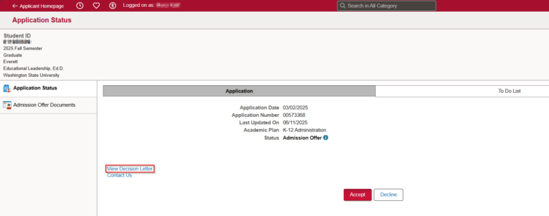 Screenshot of the accept or decline section on the admissions portal