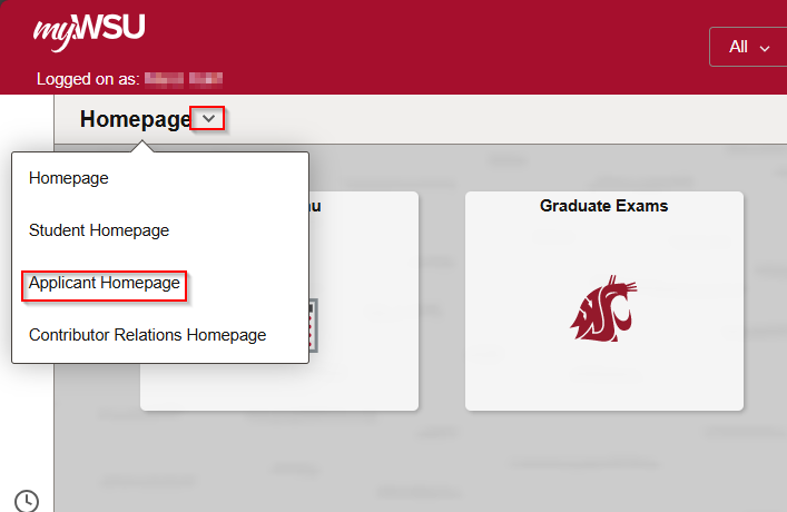 Screenshot of the myWSU homepage dropdown menu - applicant homepage