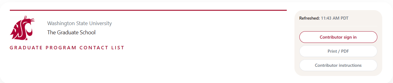 Published Smartsheet View page with header, program list or cards, and Contributor sign in in the status area; optional Print or PDF.