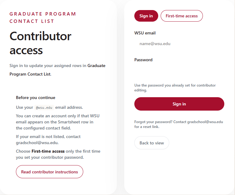 Contributor sign-in panel with Sign in and First-time access or create password options.