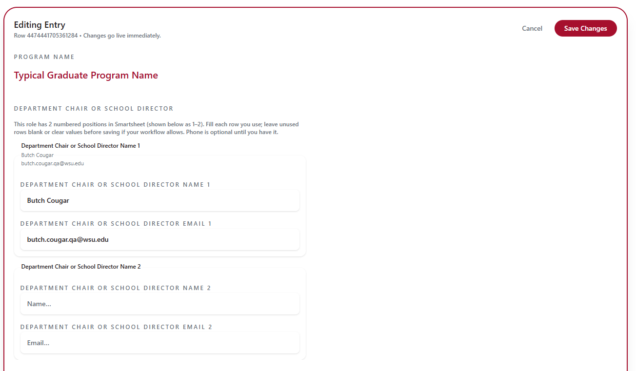 Program card in edit mode with Editing Entry title, Cancel and Save Changes buttons.
