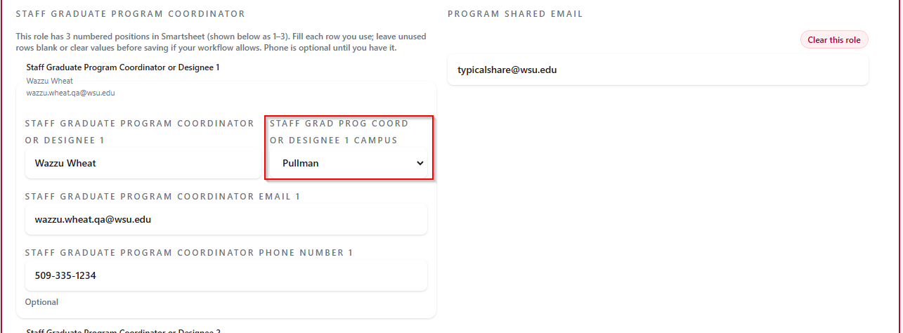 Program Coordinator Campus Selector control