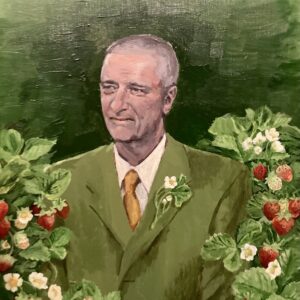 Portrait of the author's grandfather wearing a green suit surrounded by strawberries