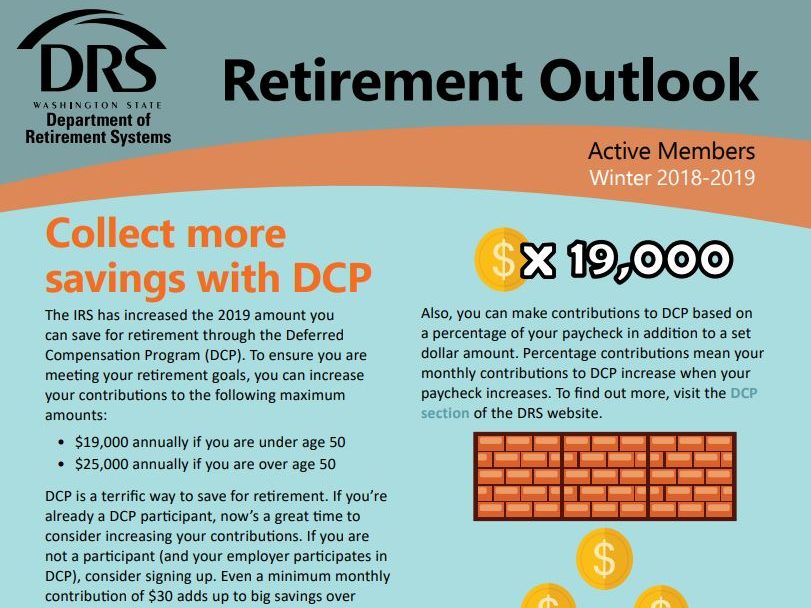 Cover page of the DRS Retirement Outlook newsletter with the title story: Collect more savings with DCP.