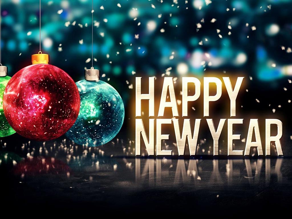 Blue a white background with falling snowflakes, a red and blue spherical tree ornament, and the words Happy New Year.
