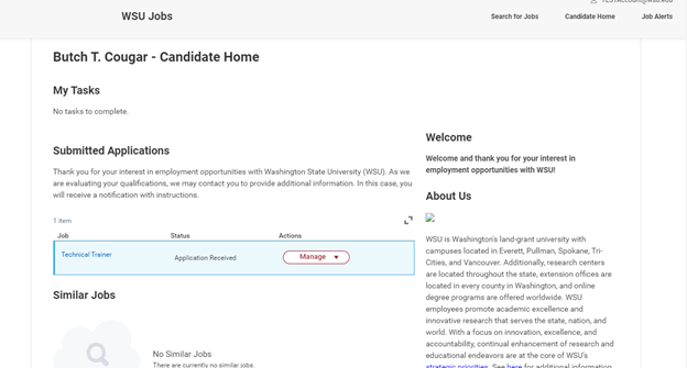 Screenshot of the WSU Jobs candidate home page.