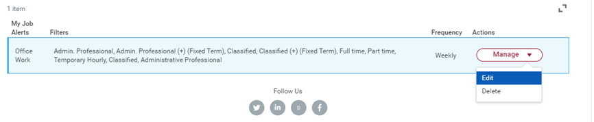 Screenshot of the Manage Job Alerts menu.