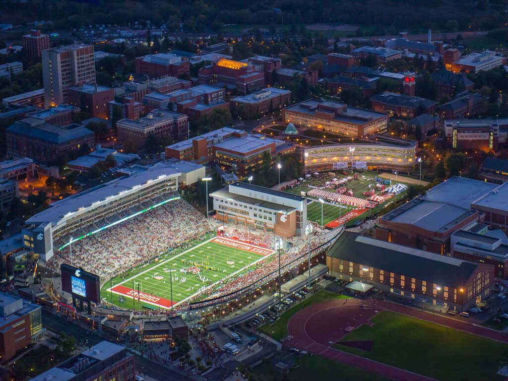 Aerial view of a football stadium.