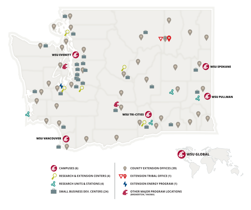 A map of Washington State showing icons indicating WSU locations all over the state.