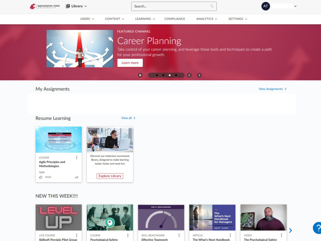 The Skillsoft Percipio home screen.