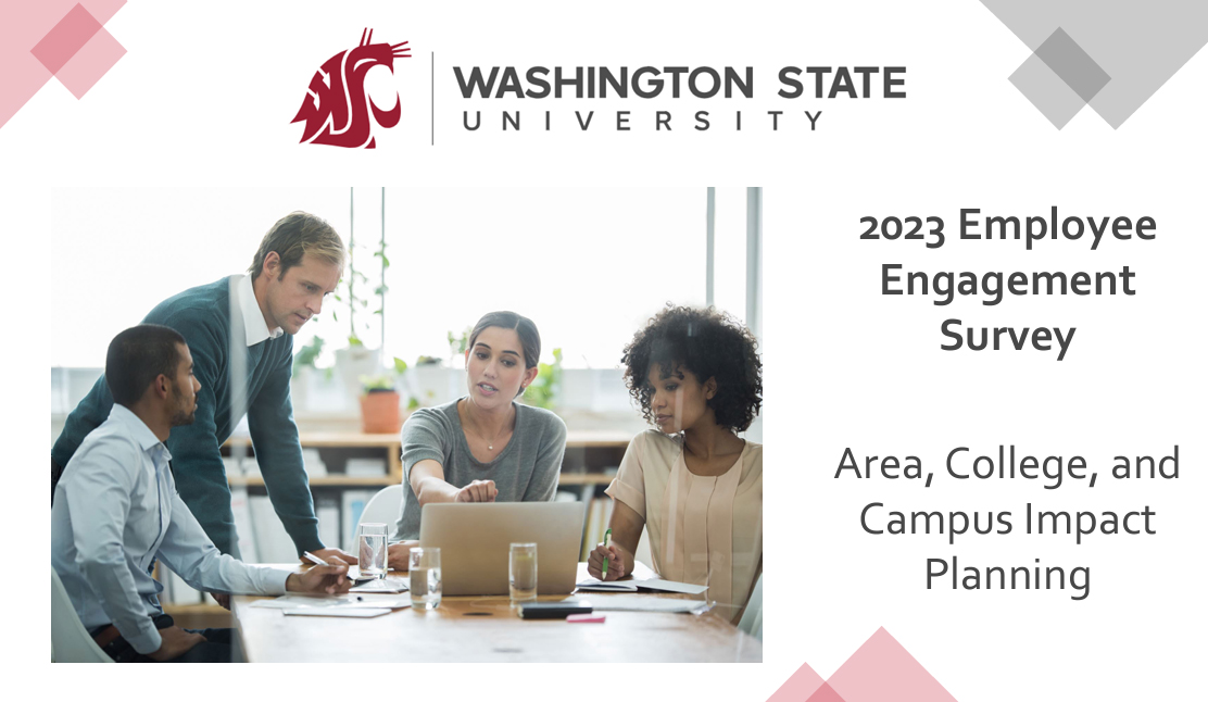 WSU Employee engagement survey with three people looking at a laptop.
