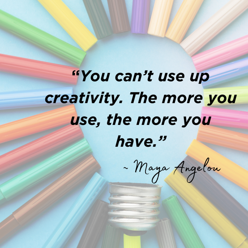 Quote over a picture of a light bulb on a background of colored pens