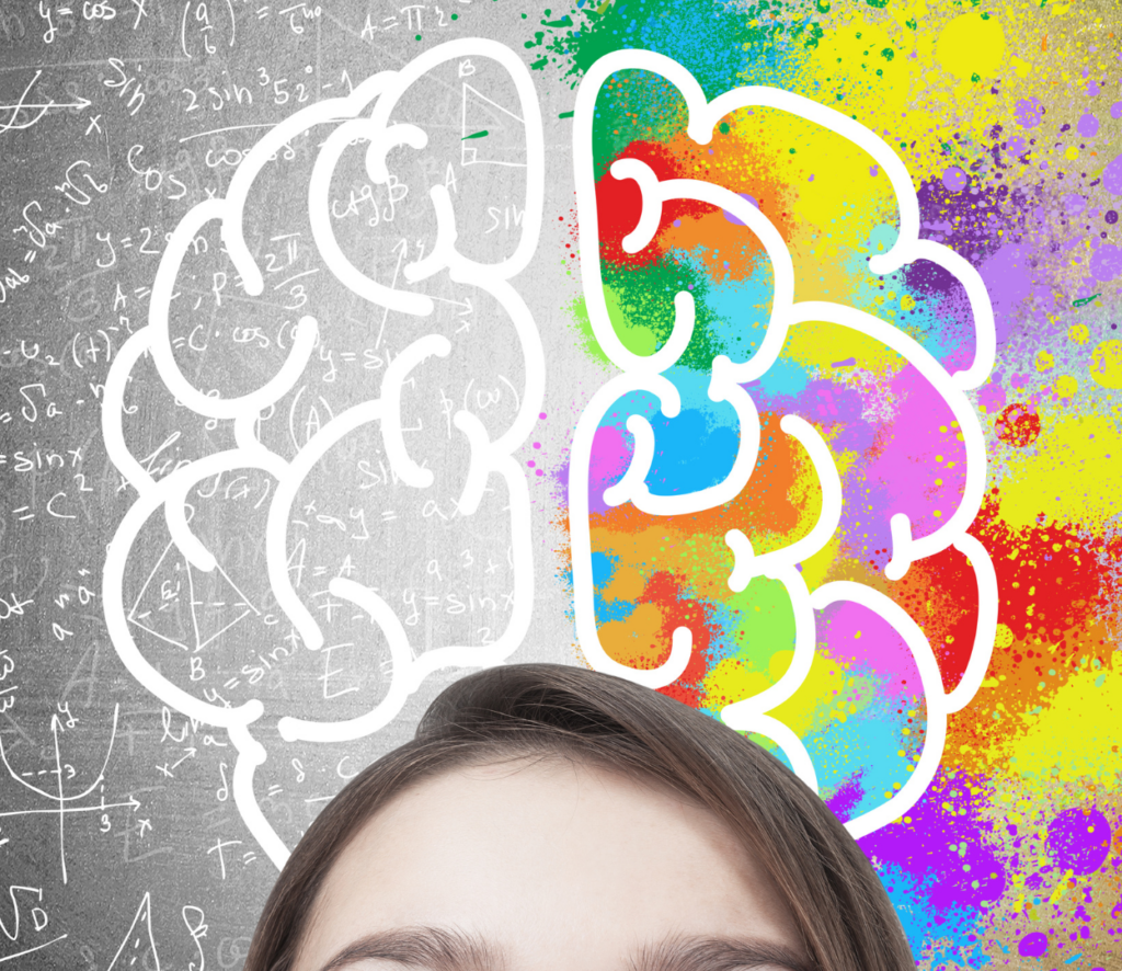 black and white to color chalk drawing of a brain with equations and female forehead