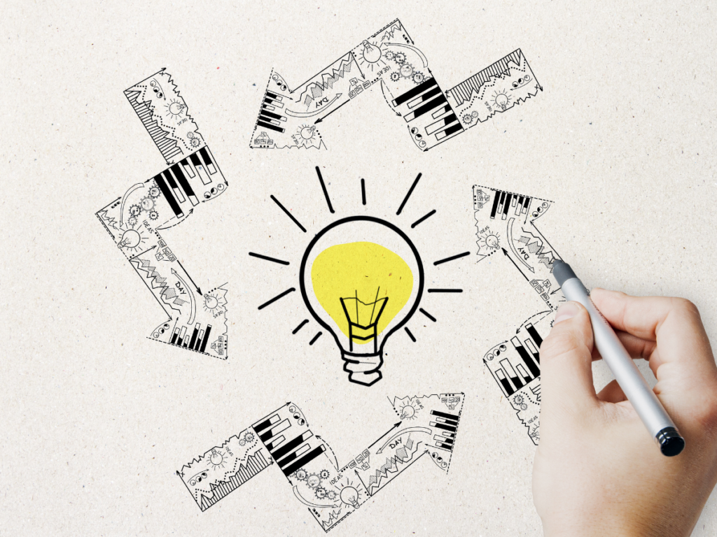Light bulb surrounded by arrows
