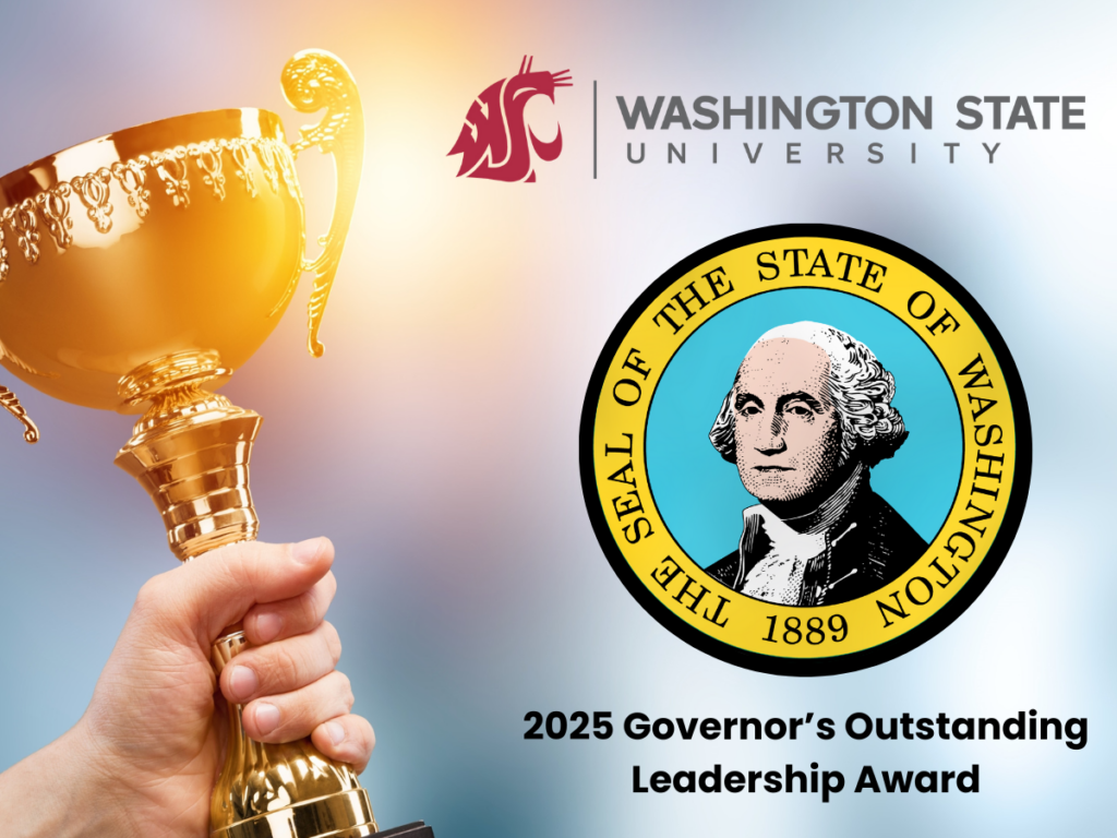 person holding a trophy/award; WA State Seal and WSU Logo